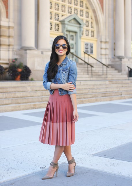 With denim jacket, sunglasses and gray ankle strap high heels