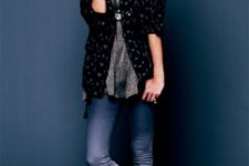 With long shirt, printed cardigan and ankle boots
