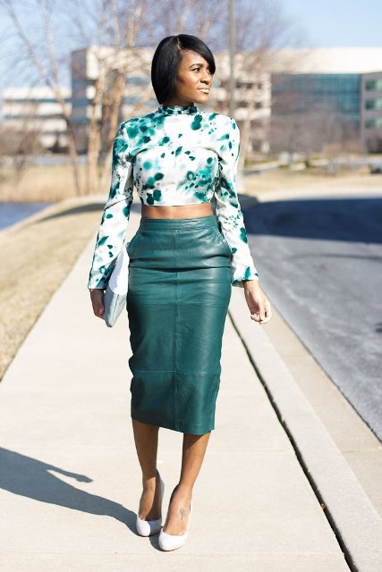 With printed long sleeved crop shirt, clutch and white shoes