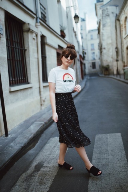 With printed t-shirt and polka dot midi skirt