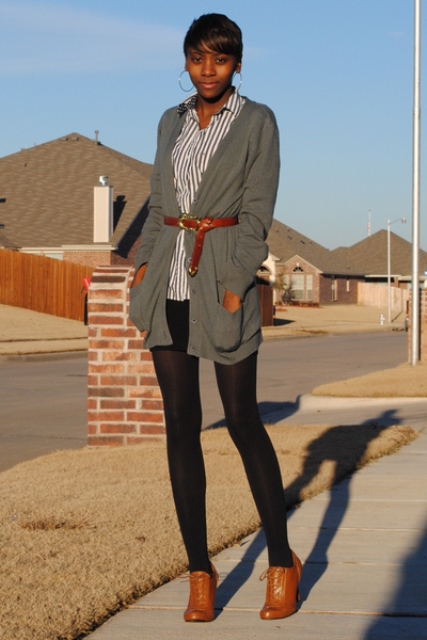 With striped shirt, gray cardigan, black shorts, black tights and brown lace up boots