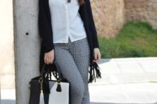 With white button down shirt, checked trousers, black pumps and three colored bag