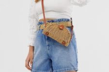 With white lace crop blouse and denim high-waisted shorts