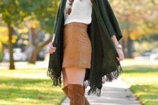 With white top, brown mini skirt and brown suede boots