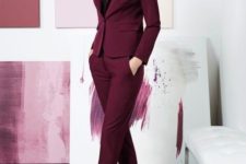 a purple pantsuit, a black turtleneck and chic black cutout heels for a sexy business outfit