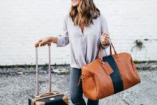 a stylish amber and navy weekender leather bag is a chic idea for travelling and going somewhere