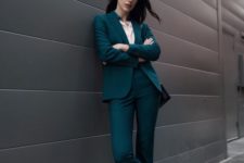 cool teal pantsuit outfit for work