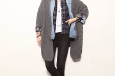 11 a comfy and relaxed look with black skinnies, a white tee, a checked shirt, a denim jacket, a grey cardigan and a beanie