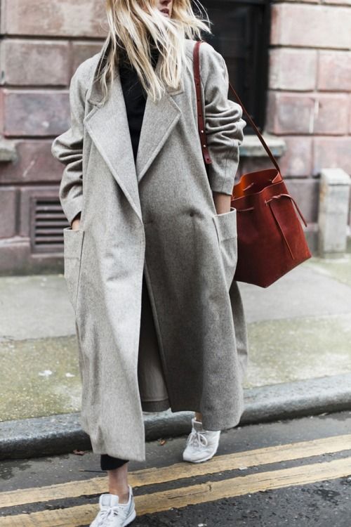 a straight grey oversized coat with pockets is a real winter and fall wardrobe staple