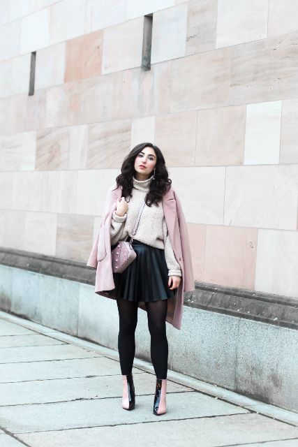With beige loose turtleneck, pale pink coat, pale pink bag and two colored boots