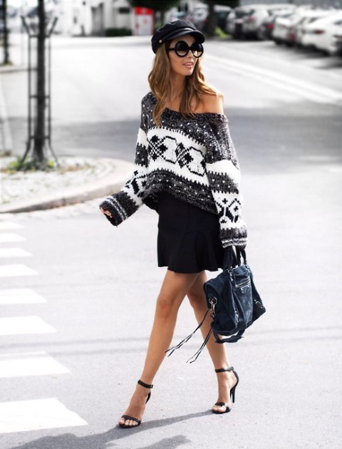 With black mini skirt, bag, ankle strap high heels and cap