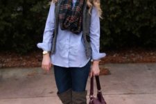 With button down shirt, plaid scarf, purple bag, jeans and gray high boots