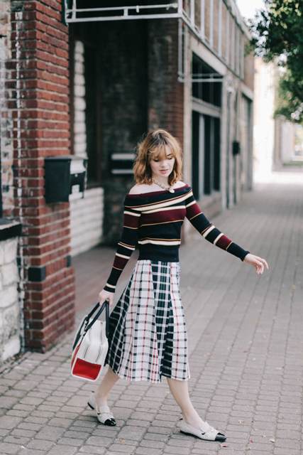 With checked midi skirt, three colored bag and flats