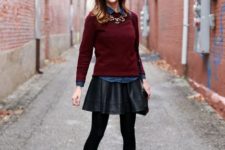 With denim shirt, marsala sweater, necklace, black tights and black heeled boots