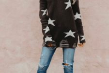 With distressed cropped jeans and gray suede cutout boots