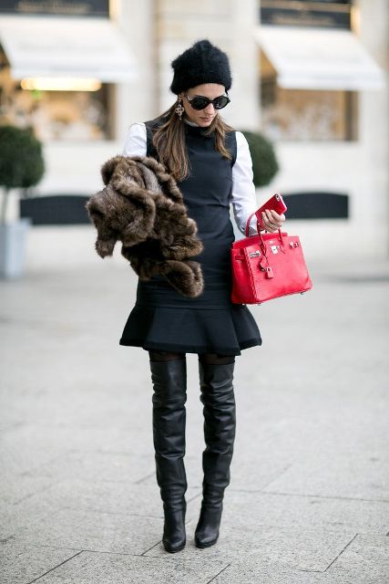 With hat, white blouse, trumpet dress, red small bag and fur jacket
