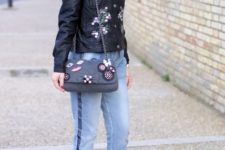 With jeans, chain strap bag and metallic pumps