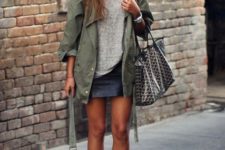 With leather skirt, printed tote, loose shirt and olive green jacket
