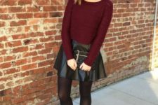 With marsala sweater, black clutch and black ankle boots