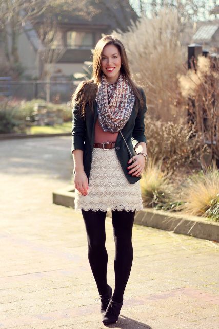 With pink shirt, printed scarf, black blazer, brown belt, crossbody bag, black tights and black lace up boots