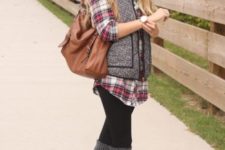 With plaid loose shirt, brown leather bag, black leggings and black high boots
