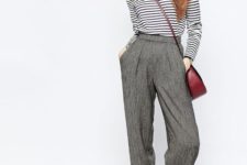With striped shirt, leather crossbody bag and black lace up flat shoes