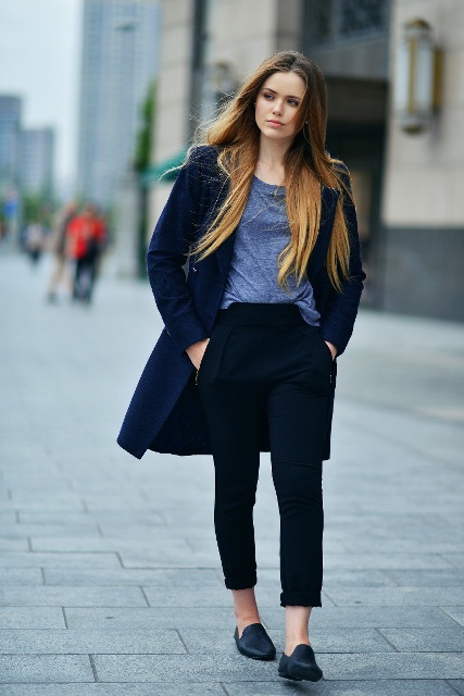 With t-shirt, navy blue coat and cuffed pants