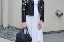 With white knee-length dress, black bag and black ankle boots