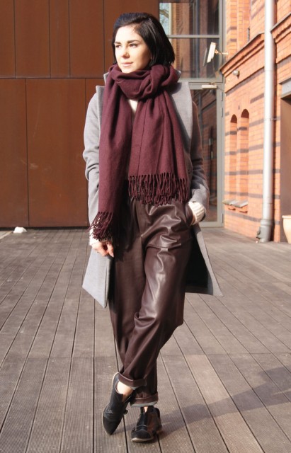 With white shirt, marsala scarf, gray coat and black flat shoes