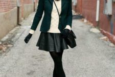 With white sweater, black blazer, printed scarf, crossbody bag and boots
