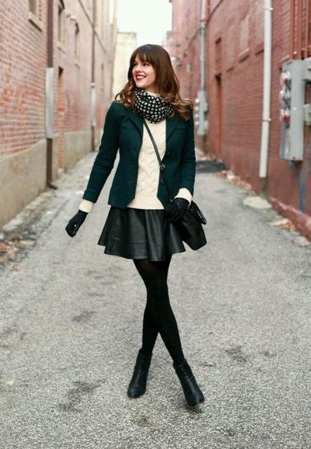 With white sweater, black blazer, printed scarf, crossbody bag and boots