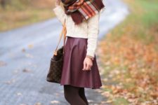 With white sweater, plaid scarf, printed tote bag and brown suede boots
