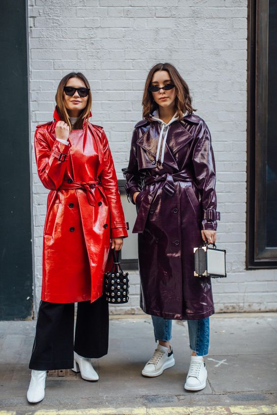 a purple and a red lacquer leather trench are super bold options to make a statement this fall