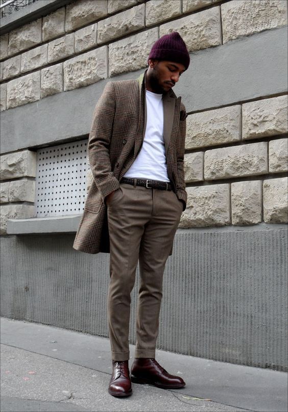 brown pants, a white tee, a printed brown blazer, burgundy shoes and a matching hat for a cold day