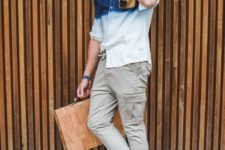 neutral cargo pants, an ombre denim shirt, tan trainers and a matching bag for a creative look