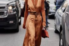03 a rust turtleneck, an orange silk slip dress, burgundy boots and an orange suede bag for an ultimate fall look