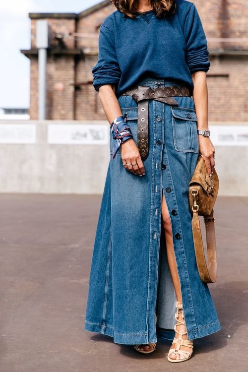a chic look with a teal sweater, a blue denim maxi skirt, a brown belt, a bag and strappy shoes