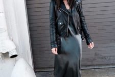 14 a black slip dress, checked slipons and a black leather jacket for a badass yet chic outfit
