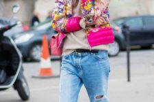 With beige turtleneck sweater, distressed jeans, pink bag and sneakers