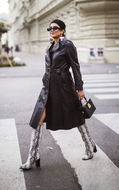 With black bag and printed high boots