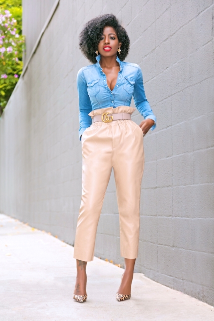 With blue denim shirt and leopard pumps