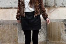 With button down shirt, black skirt and black embellished ankle boots