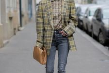 With checked button down shirt, brown clutch, skinny jeans and yellow pumps