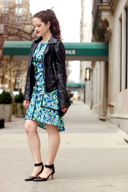 With floral dress and low heeled shoes