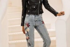 With floral printed jeans and marsala velvet boots