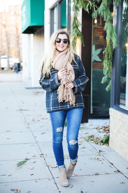 With jeans, beige fringe scarf and beige suede ankle boots