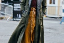 With marsala shirt, brown midi skirt and gray suede ankle boots
