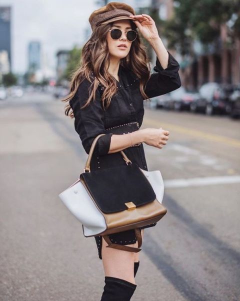 With mini dress, over the knee boots and three colored bag
