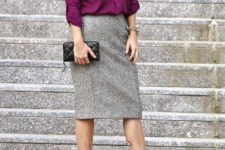 With purple shirt, black mini clutch and marsala suede pumps