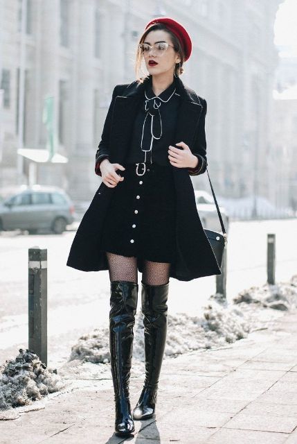 With red beret, black bag, patent leather over the knee boots, blouse and coat